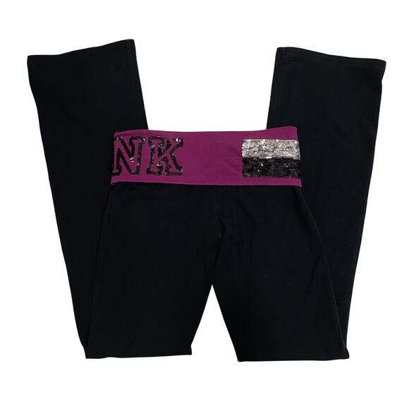 Y2K Pink Yoga Pants Sequin Logo | Victoria’s Secret Foldover Bootcut XS New NWOT - Picture 2 of 6